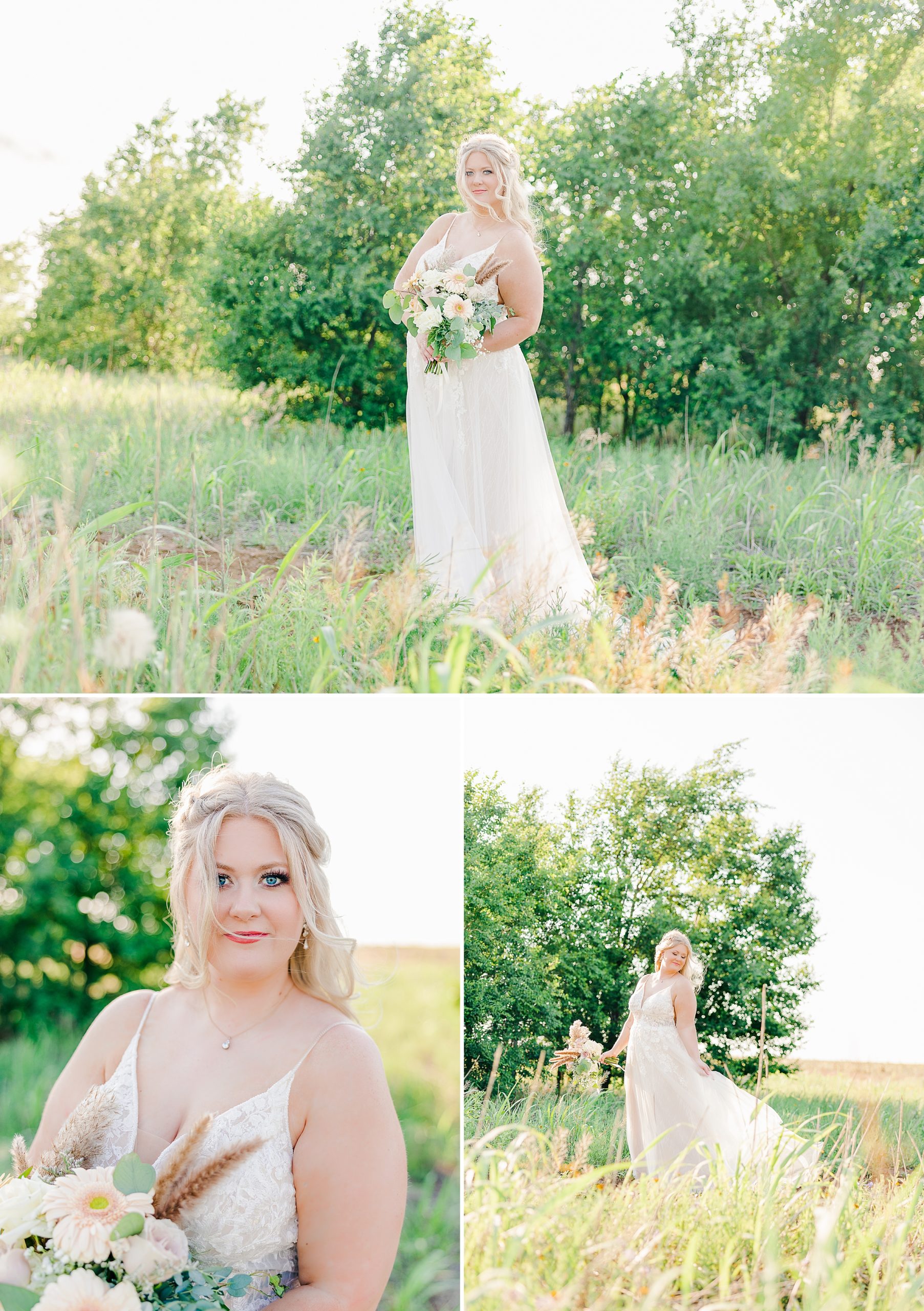 bride in a green field with trees and wind blowing