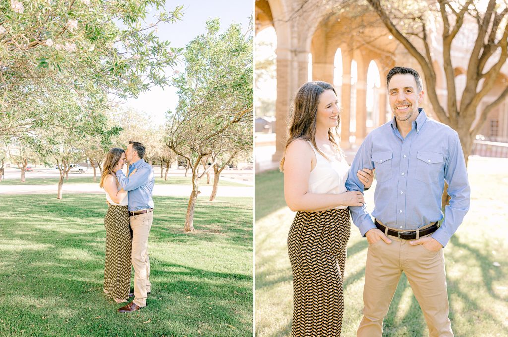 couple posing for engagement photos at texas tech