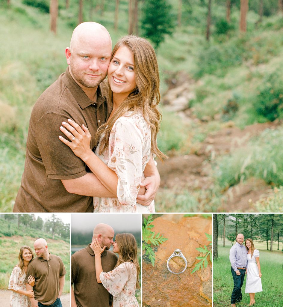 Couple posing for engagement photo in Ruidoso mountains